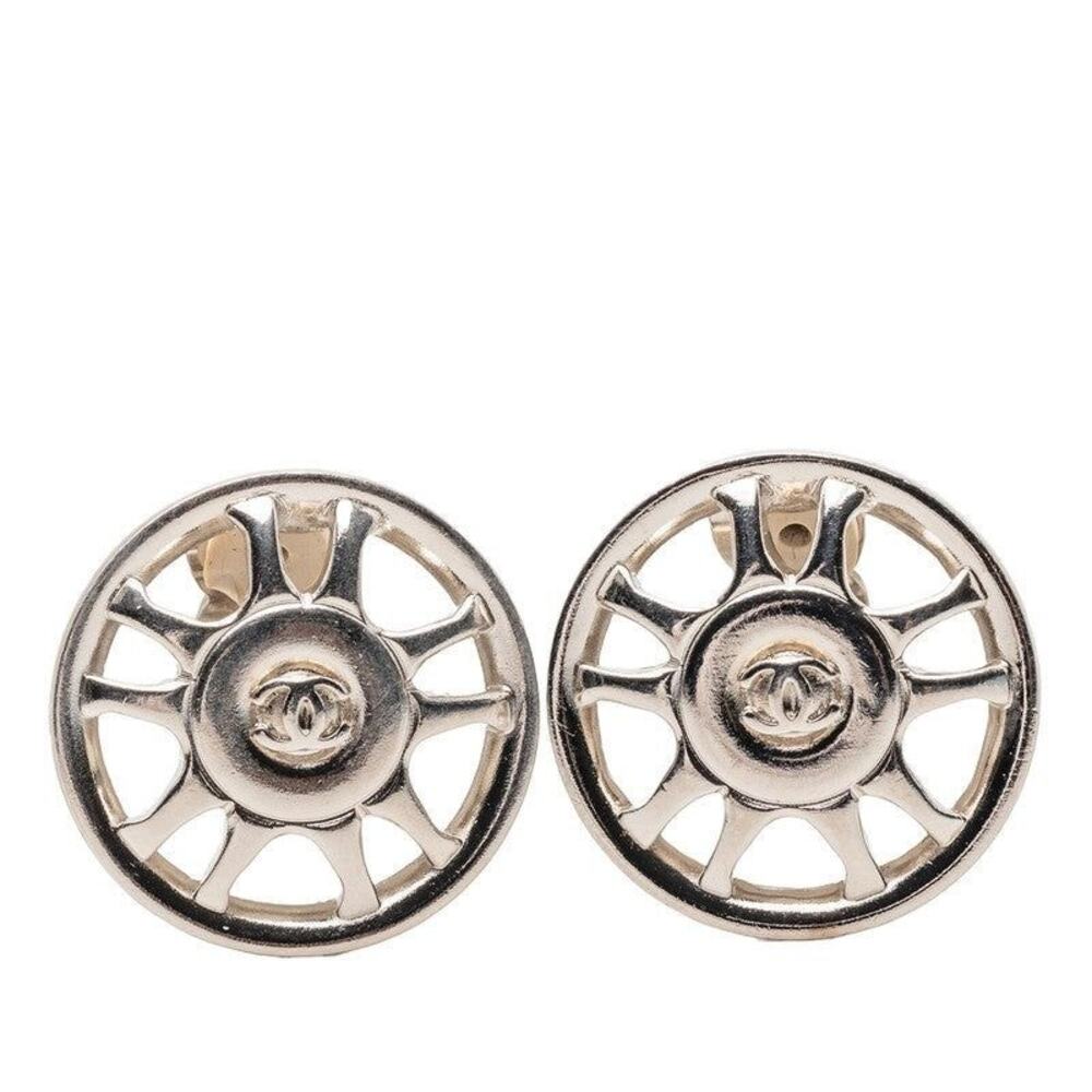 Chanel CC Logo Round Metal Earrings Silver